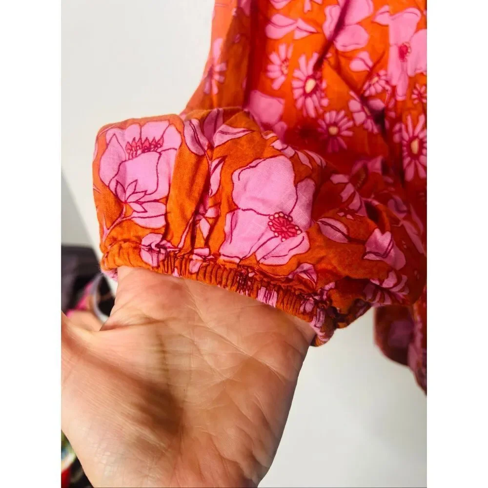 Free People Miss Daisy Heat Wave Combo Top Orange Pink Floral Sz S Ruffle Should